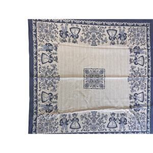 Vintage blue and cream linen blend tablecloth made in Austria folk art European